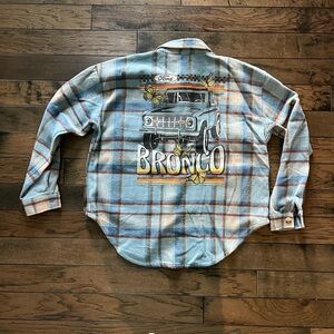 Ford Bronco Flannel Shirt Jacket Blue Plaid Women's Button Up Shacket Western